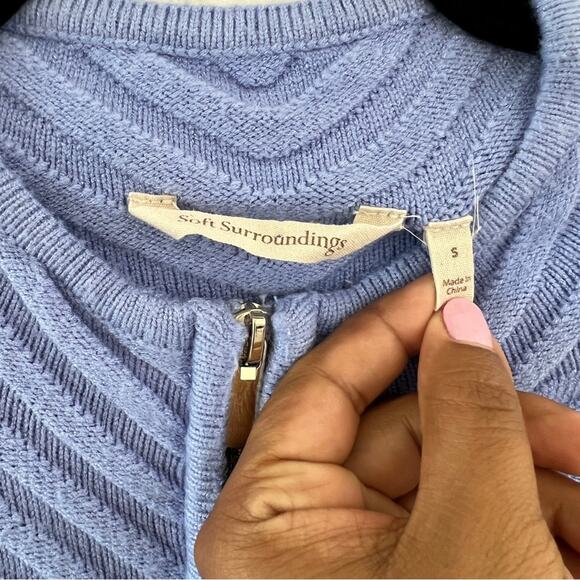 Soft Surroundings Blue Longline Gold Zip Geometric Cardigan Sweater Womens Small - Picture 12 of 15